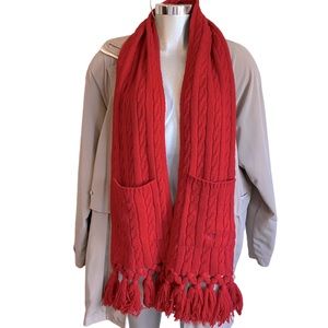 American Living Cable Knit Wool Scarf Pockets Fringe Red Neckwear Ribbed Preppy